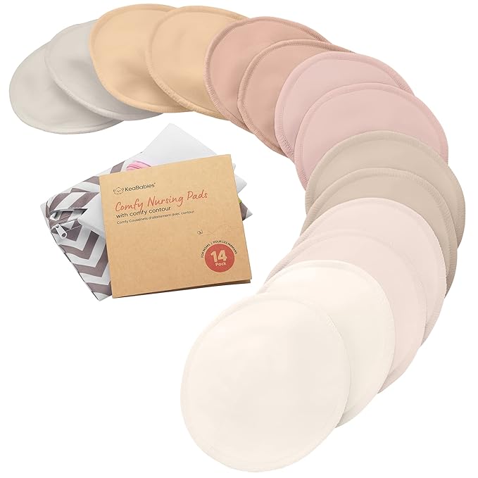 Organic Nursing Pads - 14 Washable Viscose Derived from Bamboo Breastfeeding Pads, Wash Bag, Reusable Breast Pads for Breastfeeding, Nipple Pads for Breastfeeding Essentials(Neutrals, L 4.8")