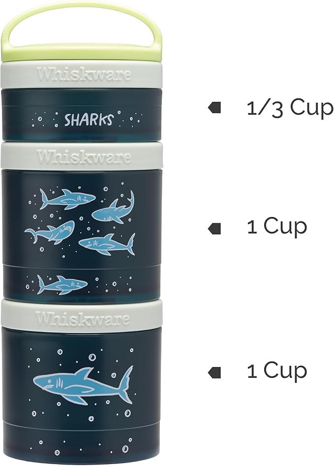Whiskware Stackable Snack Containers for Kids, Set of 3 Stackable Snack Cups, Unicorn and Sharks Designs