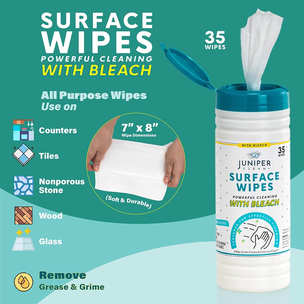 1 Pack Surface Cleaning Wipes with Bleach, All-Purpose Cleaner for Bathroom, Kitchen, Office, 35 Count Canister, 7.5" x 7" Sheet, Fresh Scent, Lint Free & Durable