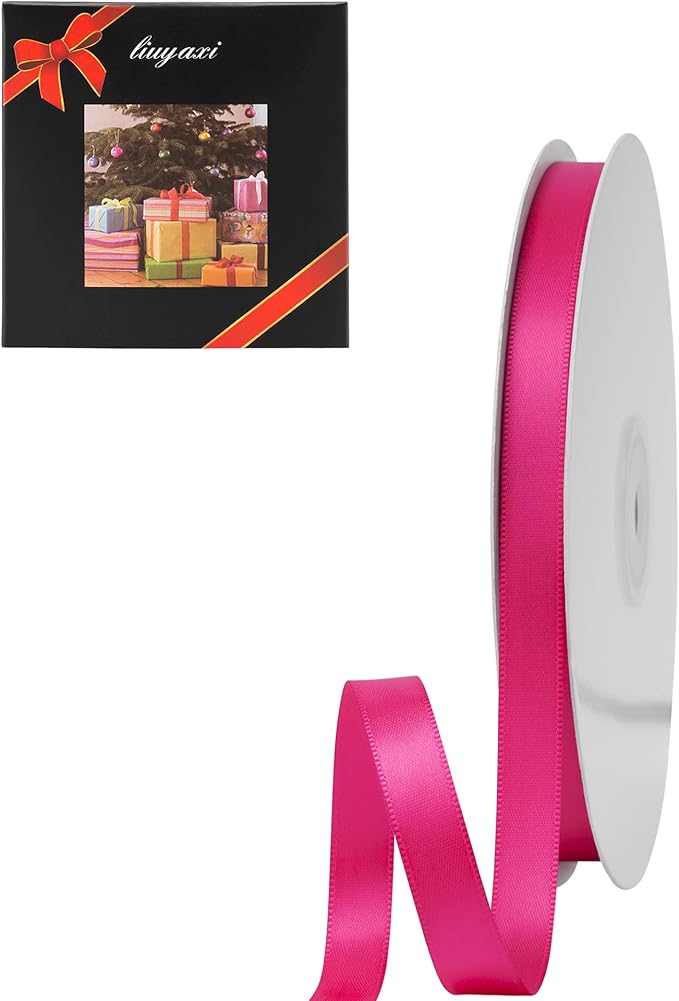 LIUYAXI Hot Pink Double Faced Satin Ribbon, 3/8" X Continuous 25 Yards, Ribbons Perfect for Gift Wrapping Bows Bouquet Wedding Decor DIY Craft and More