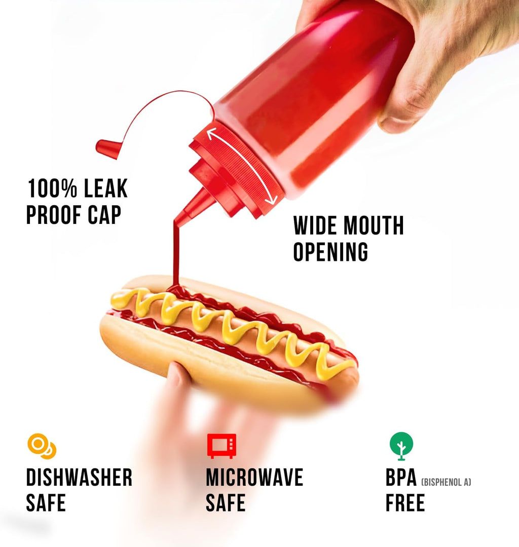 Norcalway 24 oz Condiment Squeeze Bottles for Sauces - Leak Proof - 4 Pack (XL)