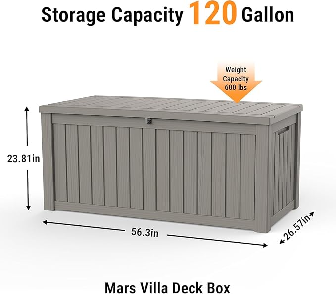 Mars Villa 120 Gallon Outdoor Storage Box, Waterproof Deck Box, Large Outside Storage Bin for Patio Furniture Cushions, Pool Supplies, Garden Tools, Weatherproof, Grey