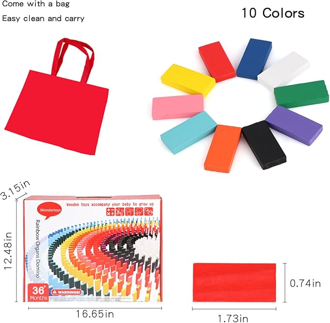 1000 PCS Dominoes Set for Kids with Extra 11 Blocks, Wooden Building Blocks 10 Colors Dominoes Racing Tile Games Educational Toy for Kids Birthday Party with Storage Bag