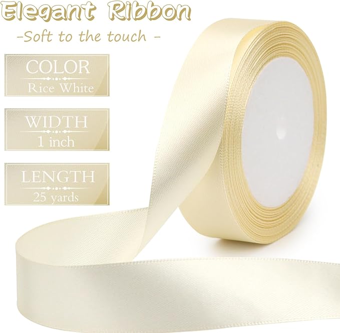Rice White Solid Satin Ribbon 1 Inch 25 Yards Solid Polyester Fabric Ribbon for Gift Wrapping Wedding Christmas Baby Shower Birthday Party Decoration Handmade Immortal Flower Craft