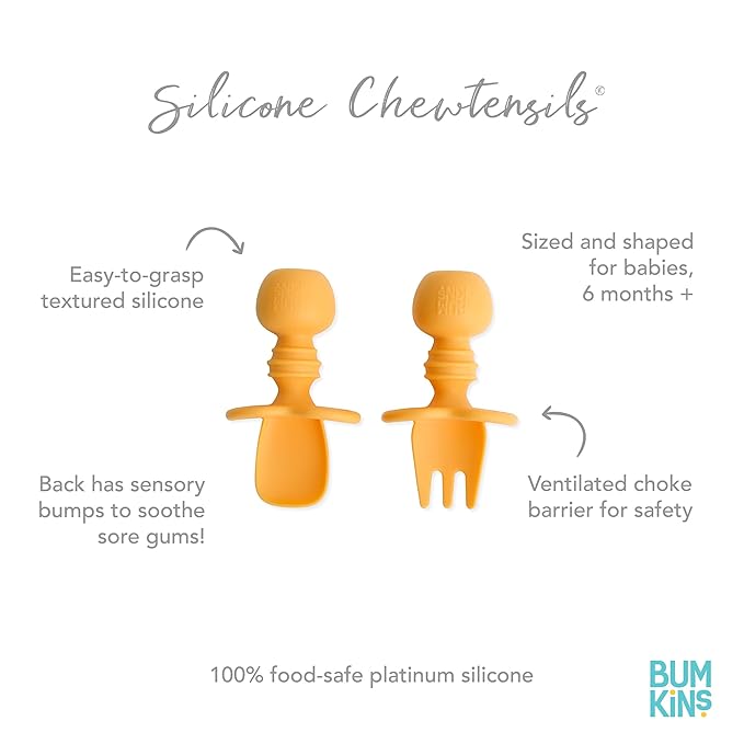 Bumkins Baby Utensils Set, Chewtensils Silicone Spoons for Dipping, Self-Feeding, Baby Led Weaning, Trainer Learning, First Stage Eating, Soft Practice Fork and Spoon, Babies 6 Months, Tangerine