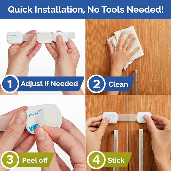 Child Safety Strap Locks (10 Pack) Baby Locks for Cabinets and Drawers, Toilet, Fridge & More. 3M Adhesive Pads. Easy Installation, No Drilling Required, White