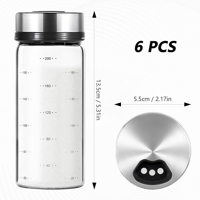 6 Pack Glass Spice Jars, 7 oz Salt and Pepper Shakers with Adjustable Pour Holes - for Seasonings, Herbs, Powders, Glitters