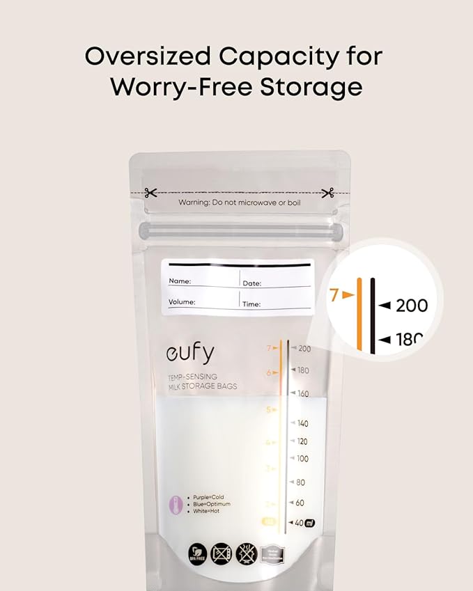eufy Breast Milk Storage Bag with Temperature Sensing Color Change, Milk Storing Bags for Breastfeeding, 7 oz Disposable Storage Bags, Self-Standing, Leakproof Milk Freeze Storage Pouches (120 Pieces)