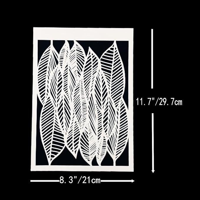 TIAMECH 6 Pcs A4 Reusable Geometric Stencils for Painting - Hollow Leaves & Abstract Curve Lines Texture Layering Templates, DIY Wall Art, Furniture, Scrapbook & Crafts