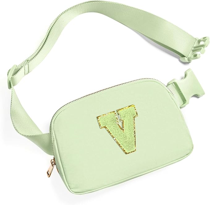 Gitus Gifts for 8 9 10 11 12 Year Old Girls Belt Bag Fanny Pack Crossbody Bags with Initial Letter Patch Cute Stuff Birthday Gifts for Teen Girls Women Personalized Trend Stuff (Light Green-V)