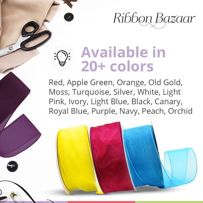 Ribbon Bazaar Sheer Organza Wired Ribbon - 100% Polyester Wire Edged Ribbon for Floral Decor, Table Arrangements, Apparel Embellishment & More - 1-1/2" Purple 25yd