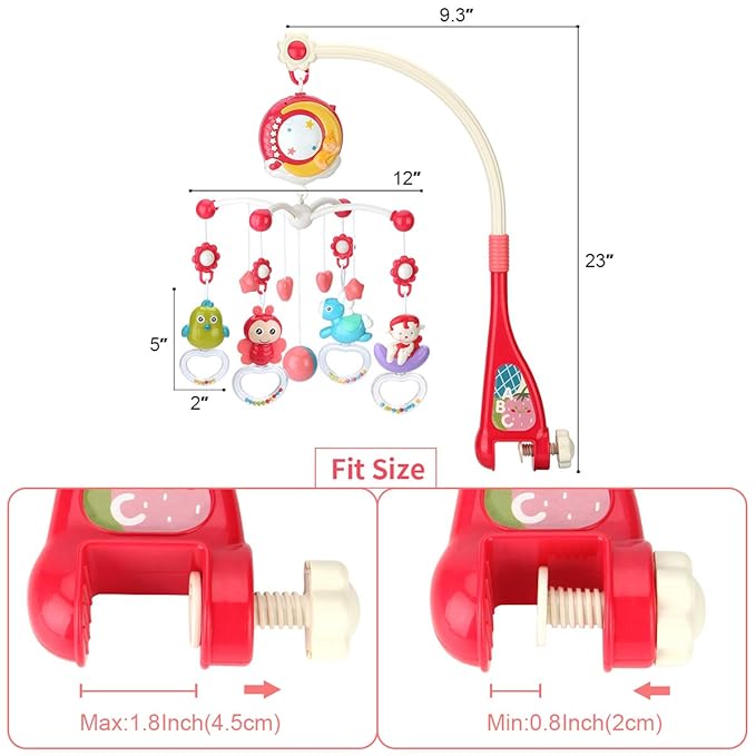 Mini Tudou Baby Musical Mobile Crib Toys with Projector and Light, Timing Function, Remote Control Baby Cot Mobile with Take Along Music Box and Rattles, Present for Newborn Babies Boys Girls