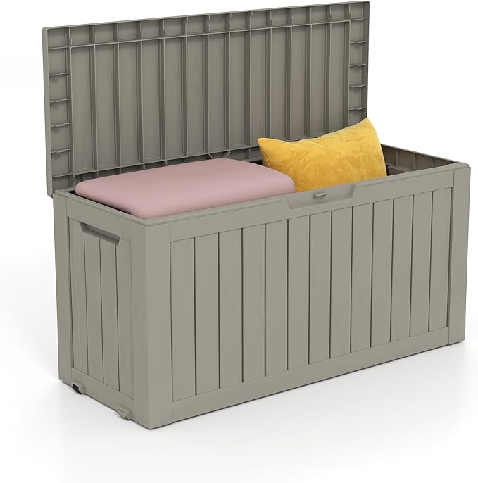75 Gallon Deck Box, Resin Outdoor Indoor Waterproof Storage Box, Lockable Storage Box With Handle for Patio Furniture - Garden Tools - Swimming Pool Tools UV-Resistant, Grey