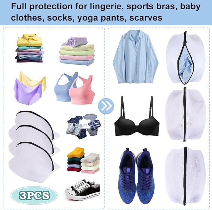 Vivifying Shoe Washing Bag, Set of 3 Mesh Shoe Laundry Bags with Zip Closure for Sneakers, Running Shoes, Socks, Bras