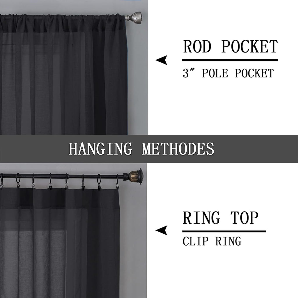 Tollpiz Sheer Curtains Bedroom Linen Textured Curtain Sheers Light Filtering Voile Rod Pocket Curtains for Living Room, 38 x 84 inches Long, Black, Set of 2 Panels