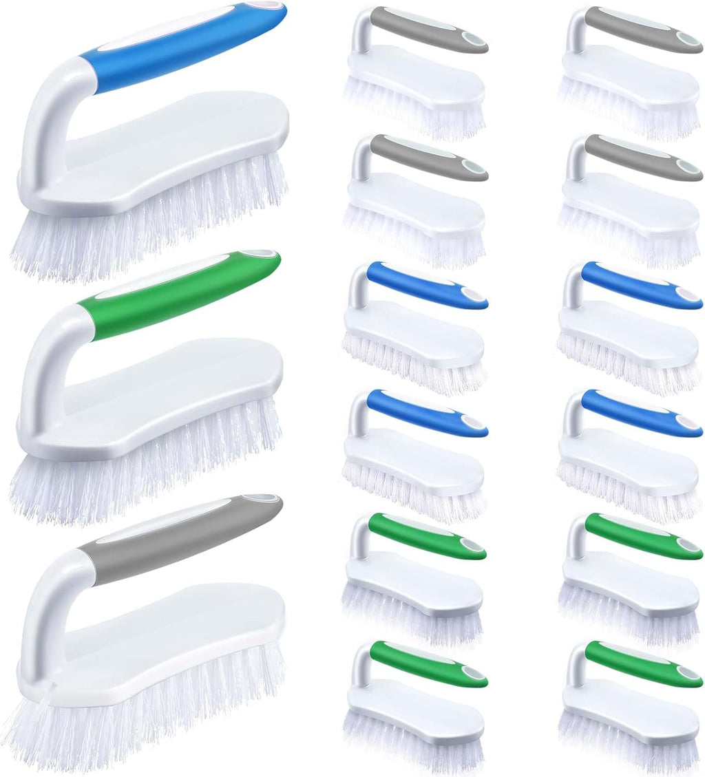 Lallisa 12 Pcs Scrub Brush for Cleaning with Handle Comfortable to Grip Heavy-Duty Flexible Stiff Bristles Scrubber Brushes Bulk for Shower Bathroom Carpet Kitchen Floor Tiles (Gray,Green,Blue)