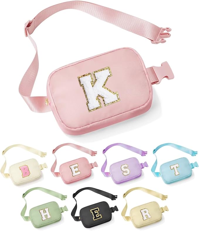 YOOLIFE Gifts for Girls - Initial Belt Bag, Pink Letter Monogrammed Crossbody Bag