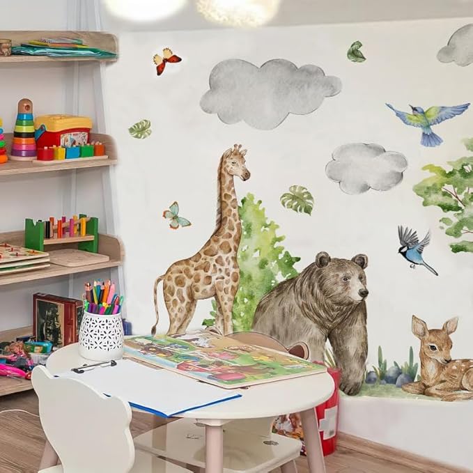 Watercolor Jungle Animal Wall Decals - Tiger, Elephant, Giraffe, Zebra, Lion,Monkey- Forest Wall Decal for Baby's Room, Playroom, Bedroom, Classroom, Kindergarten Decor