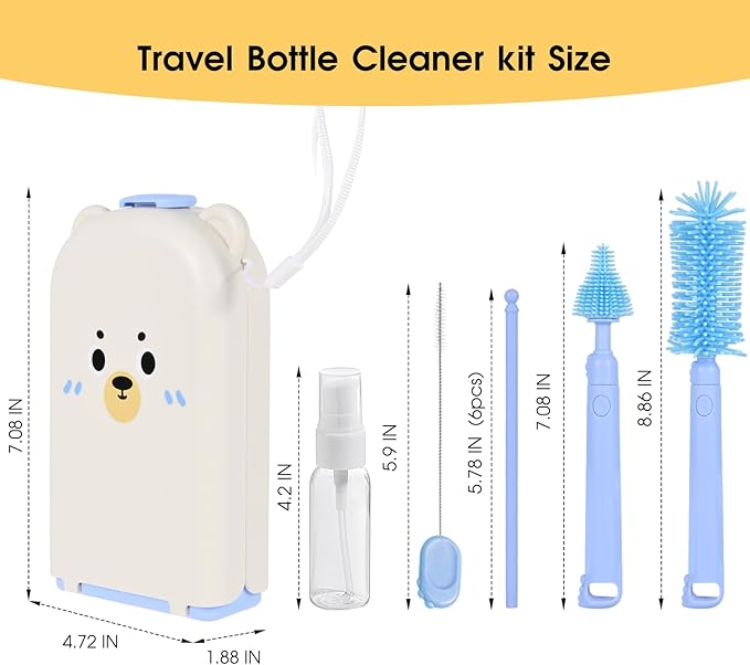 Portable Baby Bottle Brush Set - 7 in 1 Baby Bottle Cleaner Kit, Baby Travel Essential Bottle Washing Kit with Silicone Bottle Brush, Nipple Brush, Straw Brush, Drying Rack for Home and Travel (Blue)