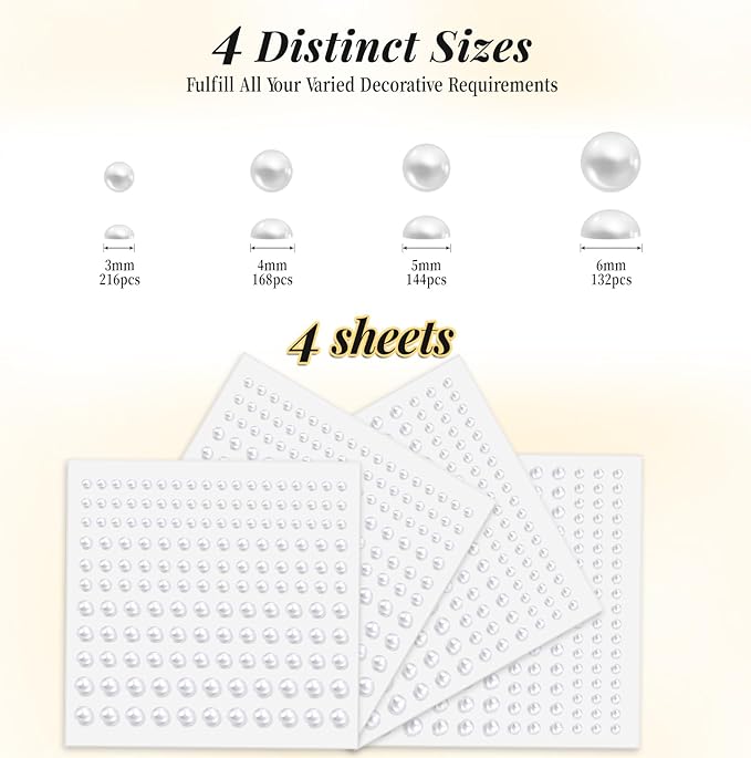 Pearl Stickers Self Adhesive Hair Pearls Gem White Jewel Sticker for Making Hair Decor Face,Body, Nail, Phone Art Craft Scrapbooking Embellishments Assorted Size 3mm/4mm/5mm/6mm (660)