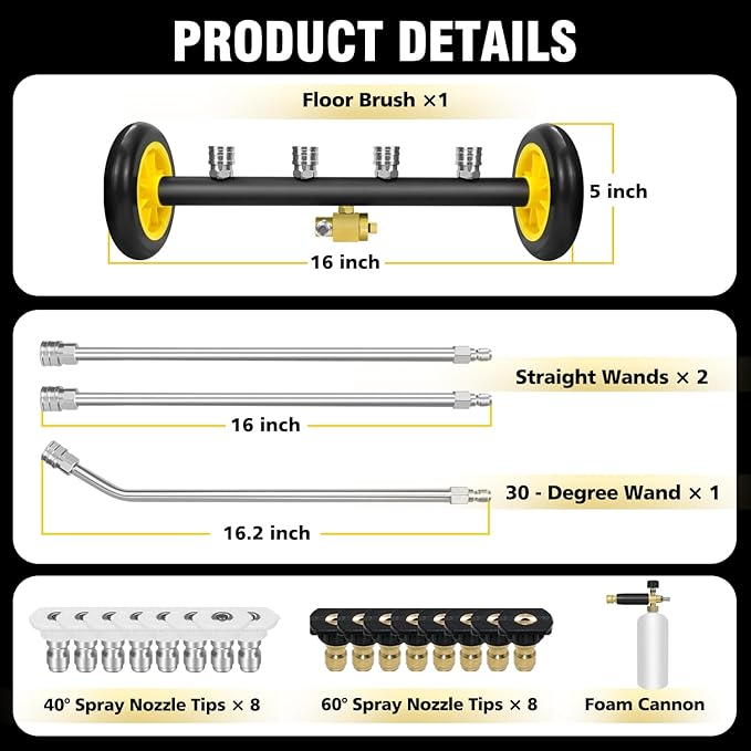 JANZ 16'' Pressure Washer Undercarriage Cleaner and Water Broom Attachment with Foam Cannon, 3 Pcs Extension Wands and 16 Nozzles - 4000PSI, 1/4'' Connector - for Electric and Gas Power Washers