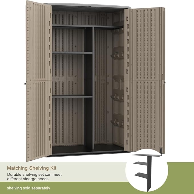 KINYING Sheds & Outdoor Storage, 66 cu.ft Vertical Outdoor Storage Cabinet, Resin Storage Sheds Outdoor with Floor for Garden Tools,Patio Furniture,Garbage Cans(Brown Color)