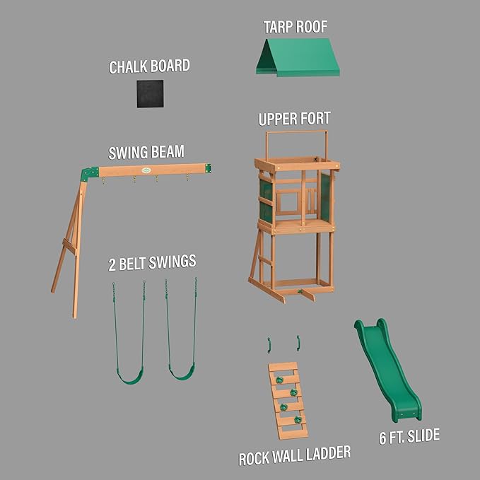 Backyard Discovery Buckley Hill Cedar Wood Swing Set with Wave Slide, Play Deck, Rock Wall Ladder, Belt Swings, Chalkboard, Canopy Roof, Outdoor Playset