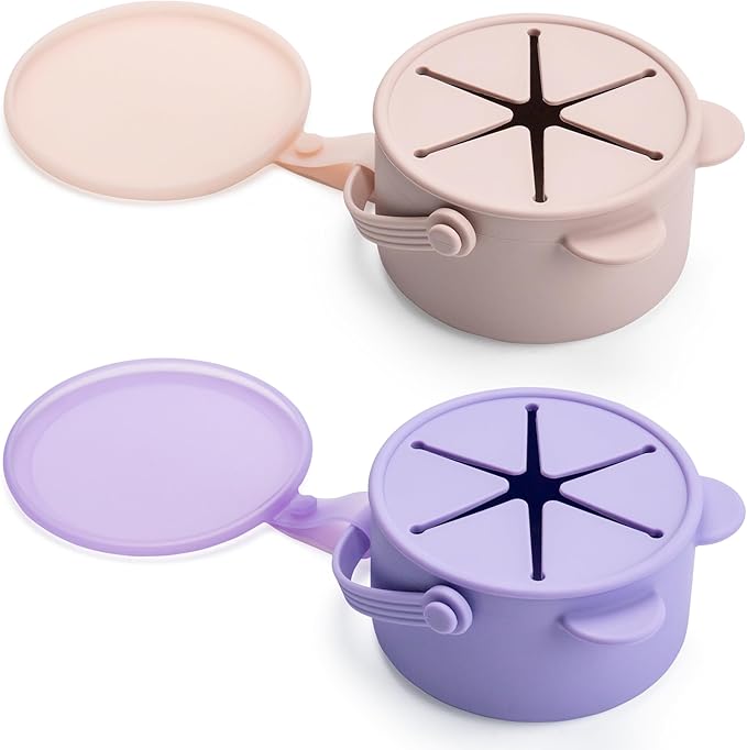Silicone No Spill Snack Cups for Toddlers – Portable Baby Snack Cup Containers with Dustproof Lid – Dishwasher-Friendly Toddler Spill Proof Cups Without BPA, Lead, or Phthalates – Pink and Lilac