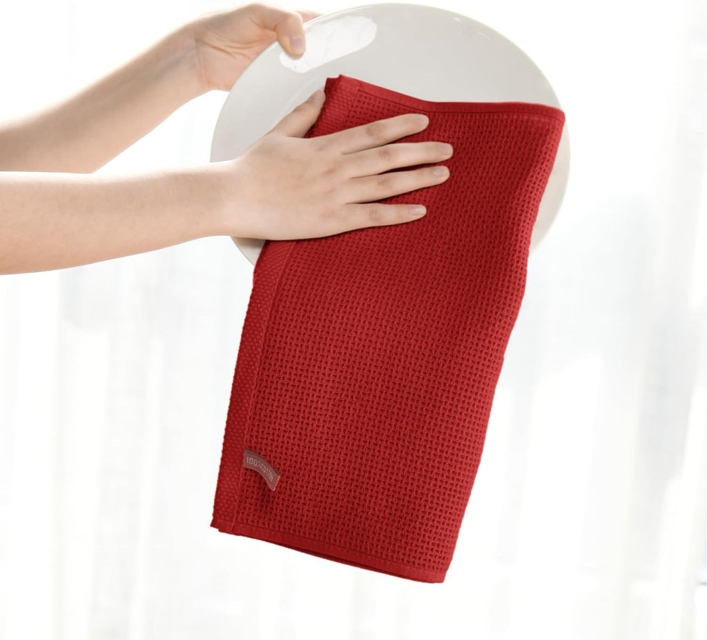 Artoid Mode 100% Cotton Dark Red Waffle Weave Kitchen Dish Cloths, 12x12 Inch Ultra Soft Absorbent Quick Drying Kitchen Dish Towels Set of 6