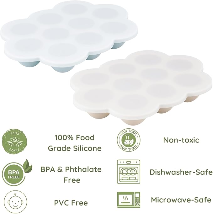 PandaEar 2 Pack Baby Food Freezer Tray with Lids, Silicone Baby Food Storage Container for Homemade Baby Food, Fruit, Purees and Breastmilk (Blue/Tan)
