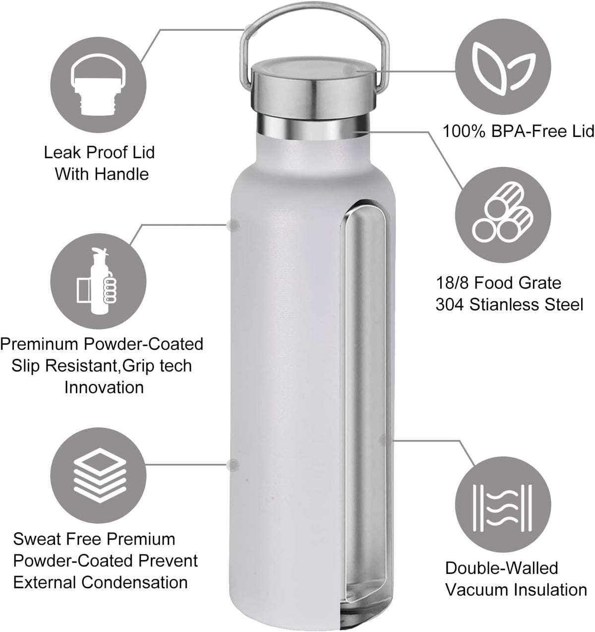 Neihepal 20 oz Insulated Water Bottles Bulk 2 Pack,Stainless Steel Double Wall Sport Bottle with Lid of Handle,Metal Reusable Thermoses Flask with Cup Cap for School,Cyclists,Gift (White,Set of 2)