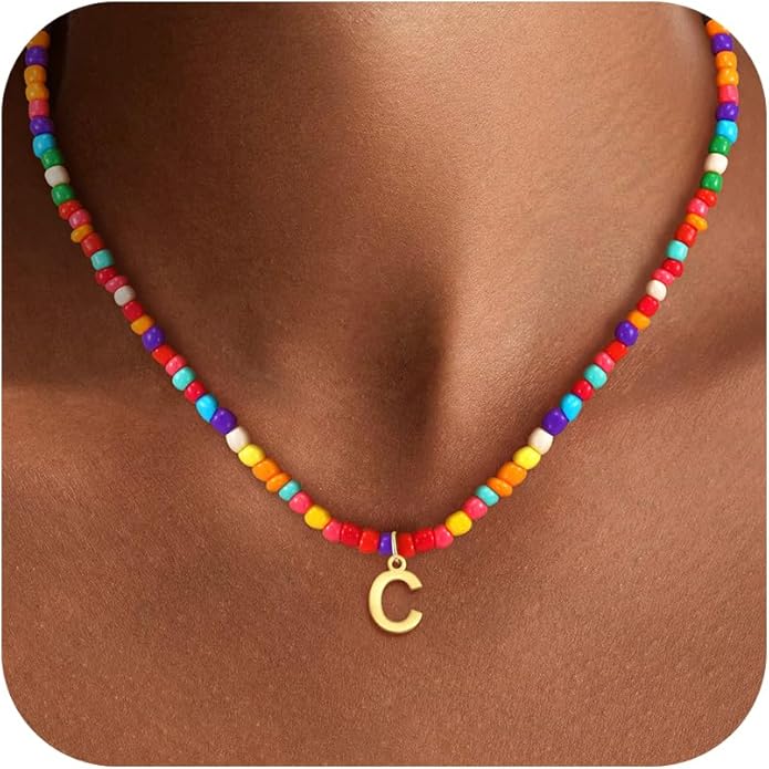 Colorful Initial Necklaces for Girls Kids Women, Cute Beaded Initial Necklace Teen Girl Gifts Trendy Stuff, Bohemian Letter Necklace Birthday Gifts for Women Girls Jewelry