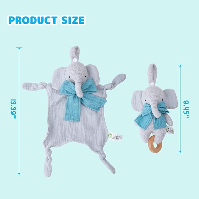 Organic Cotton Stuffed Animal Rattle Baby Toys, Organic Elephant Cuddle Cloth & Organic Musical Elephant Plush Toy Set for Newborns Infant Boys Girls, 2 PCS