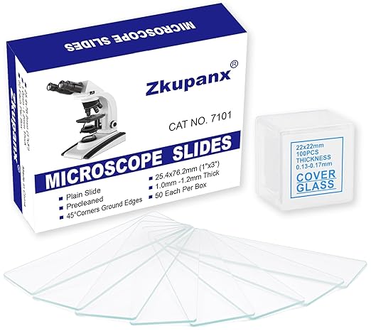 Blank Glass Microscope Slides and Covers - Ground Edges & 45° Clipped Corners, High-Clarity, Pre-Cleaned, 50 Slides & 100 Coverslips, Microscope Accessories for Experiments & Analyses