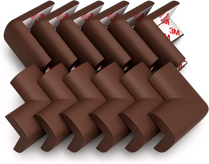 12-Pack Corner Protectors Baby Proof, Furniture Corner and Edge Safety Bumpers, Soft Rubber Foam Cushion Covers, 3M Taped Corner Guards, Baby Child Proofing Pads, Table Corner Protectors, Brown