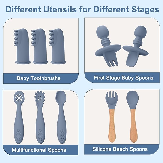 Silicone Baby Feeding Set 14 Pcs,Baby Led Weaning Supplies, Baby Spoons Suction Bowl Divided Plate Bib Cup Finger Brush,First Stage Solid Food Eating Utensils - 6+ Months(Blue Gray)