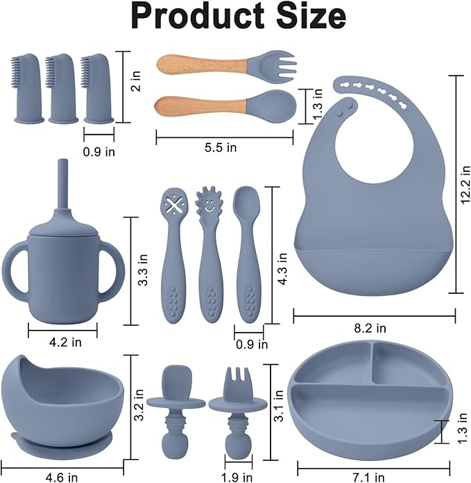 Silicone Baby Feeding Set 14 Pcs,Baby Led Weaning Supplies, Baby Spoons Suction Bowl Divided Plate Bib Cup Finger Brush,First Stage Solid Food Eating Utensils - 6+ Months(Blue Gray)