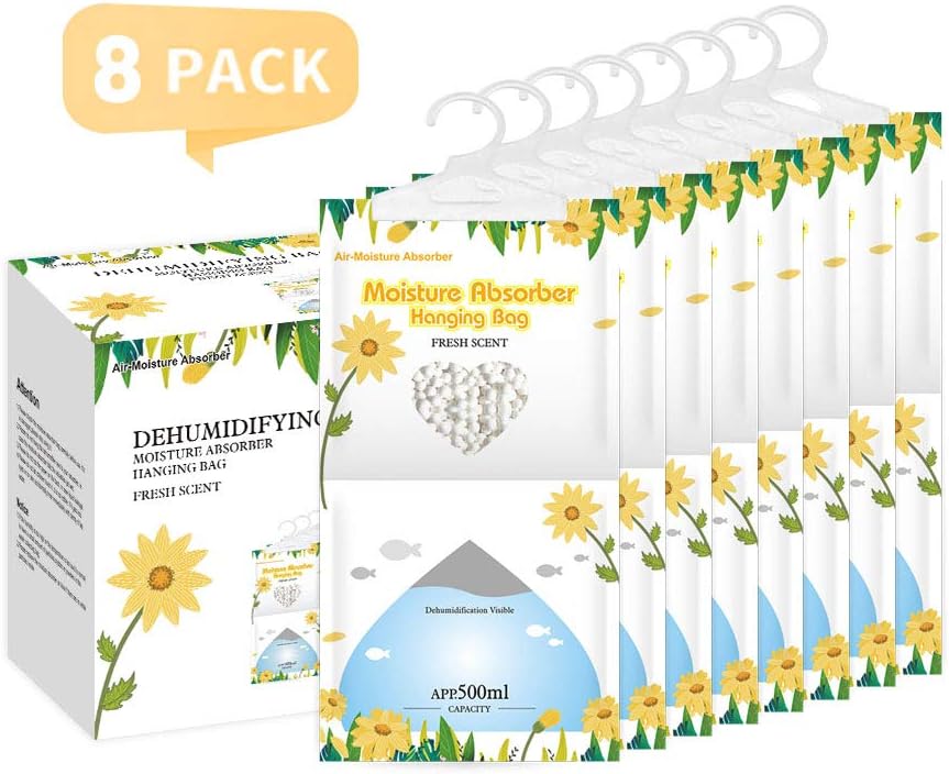 CANAGER Hanging Moisture Absorber, Fresh Scent Moistureproof Desiccant Hanging Bag，Dehumidifier Bag (8 packs) Hanging Closet Dehumidifier Bags, Moisture Absorb 12.5 oz