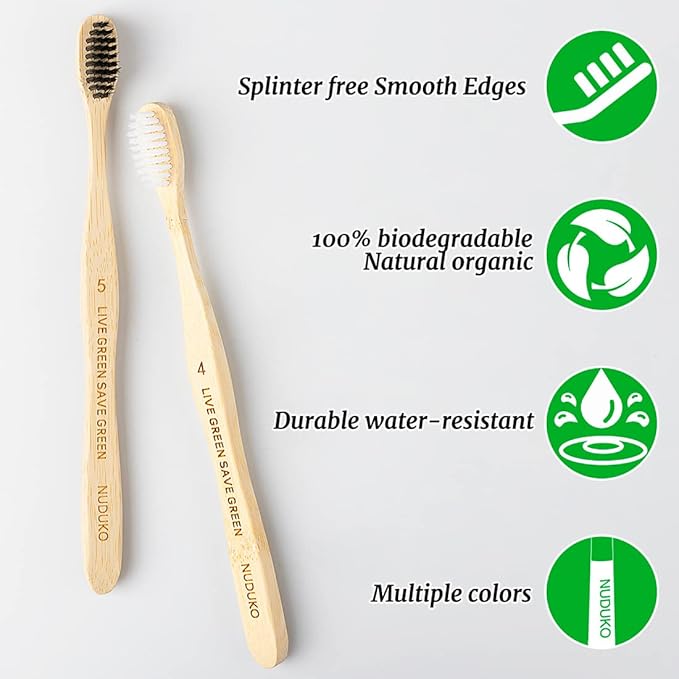 Bamboo Toothbrushes Soft Bristles, Biodegradable Eco-Friendly Toothbrush 10 Pack, BPA Free Charcoal Bamboo Tooth Brush, Organic, Natural, Green and Compostable Tooth Brushes