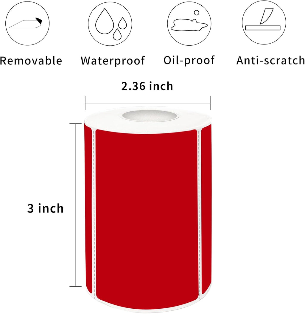 2×3 Inch Red Removable Thermal Labels,Self-Adhesive Square Direct Thermal Labels,300 Sheets per Roll with Perforated Lines