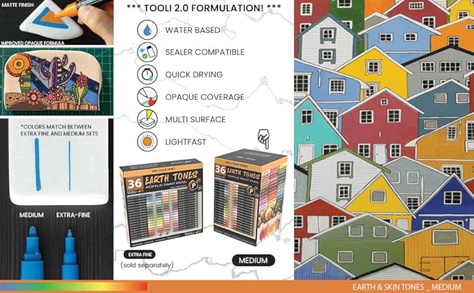 36 Acrylic Paint Pens Skin and Natural Earth Tone Marker Set For Rock Painting, Canvas, Mugs, Glass, Plastic, Wood, Metal, Fabric, Scrapbooking, Most Surfaces. Quick Drying Waterbased (MEDIUM)