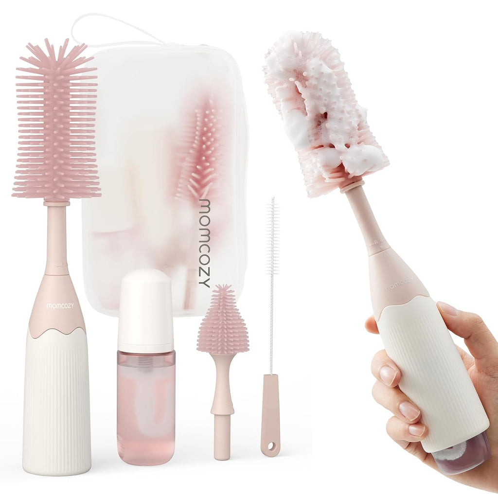 Momcozy Bottle Brush Kit, Innovative Push-Press Design for Better Cleaning - Baby Bottle Cleaner Brush for Baby Bottle, Breast Pumps, Nipples, and More - Can Generate Foam for Better Cleaning, Pink