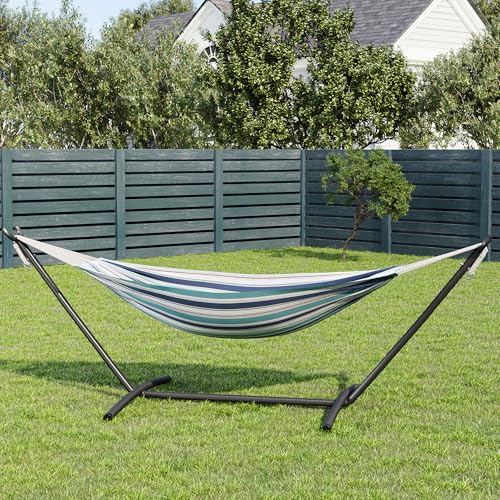 GarveeLife Double 2 Person Hammock, Indoor Outdoor Standing Hammock with Space Saving Steel Stand, Carry Bag, 450 LBS Weight Capacity, Suitable for Garden Camping Beach, Ocean - color: Ocean