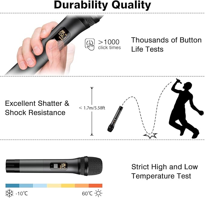 Wireless Microphone Karaoke System, Dual UHF Cordless Dynamic Mic Handheld Microphone System, 100ft Range, for Karaoke, Meeting, Party, Home KTV Set, Wedding, Church, DJ