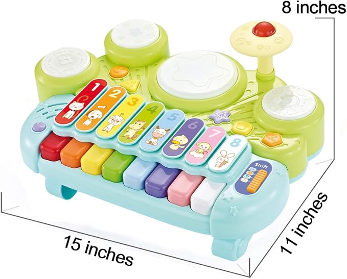 Fisca 3 in 1 Musical Instruments Toys, Electronic Piano Keyboard Xylophone Drum Set - Learning Toys with Lights for Baby & Toddler 1 2 3 Year Old Boys and Girls