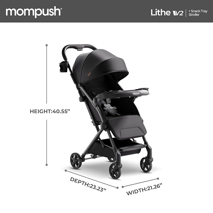 Mompush Lithe V2 Lightweight Travel Stroller, Compact Foldable Baby Stroller with Travel Bag, One-Hand Fold Stroller, Snack Tray, Mechanical Recline Seat, Airplane-Ready, UPF 50+ Canopy & Rain Cover