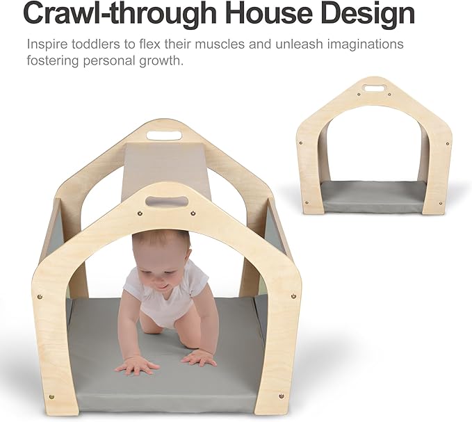 Wooden Playhouse for Toddlers w/Double Non-Shatter Safety Mirrors, Montessori Crawling Tunnel/Crawl-Through Play Set for Children and Kids, Daycare and Preschool Playroom(with Cushion)