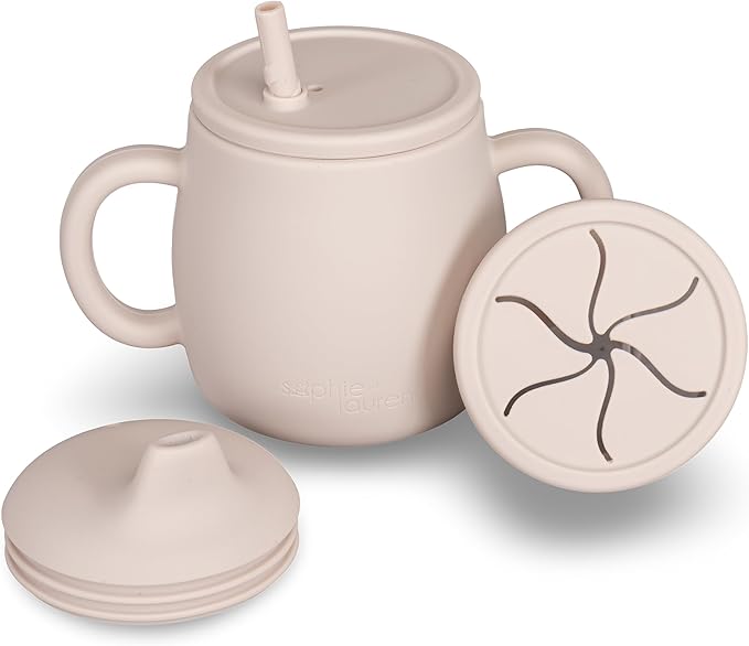 4-in-1 Silicone Sippy Cup with Snack and Straw Lid 6oz | Transition Training Cup for 6+ months to Toddler (Beige)