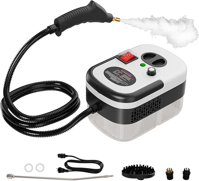 TOTTE Handheld Pressurized Steam Cleaner, 2500W Pressure Portable Cleaner with 3 Brush, 6-gears adjustable for Home Use, Floor, Kitchen,Bathroom, Car (White)