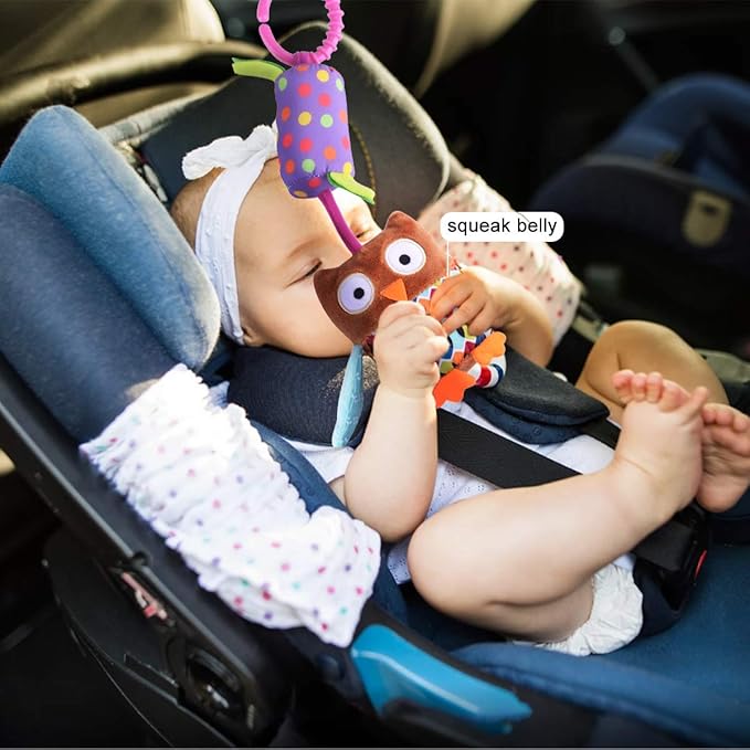 Toys for 0 3 6 9 to 12 Months, Soft Hanging Crinkle Squeaky Sensory Learning Toy Infant Newborn Stroller Car Seat Crib Travel Activity Plush Animal Wind Chime with Teether for Boys Girls